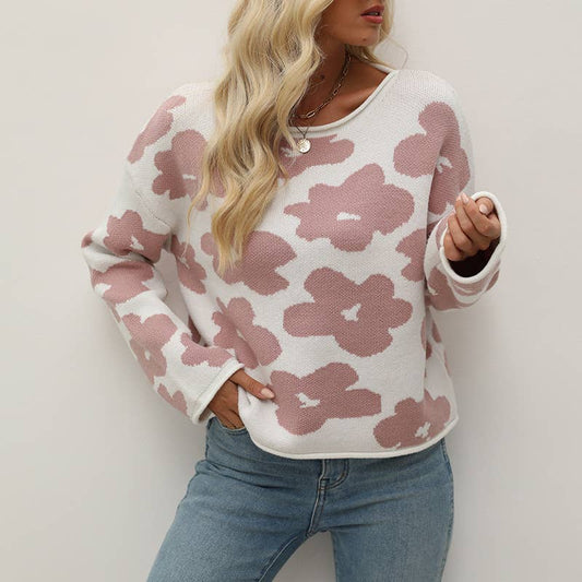 ROUND NECK FLORAL JACQUARD STYLISH LOOSE SWEATER