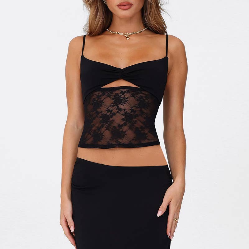 Sexy perforated lace patchwork top