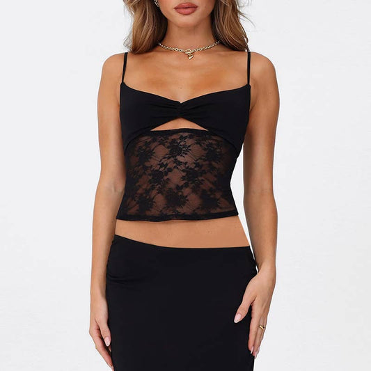 Sexy perforated lace patchwork top