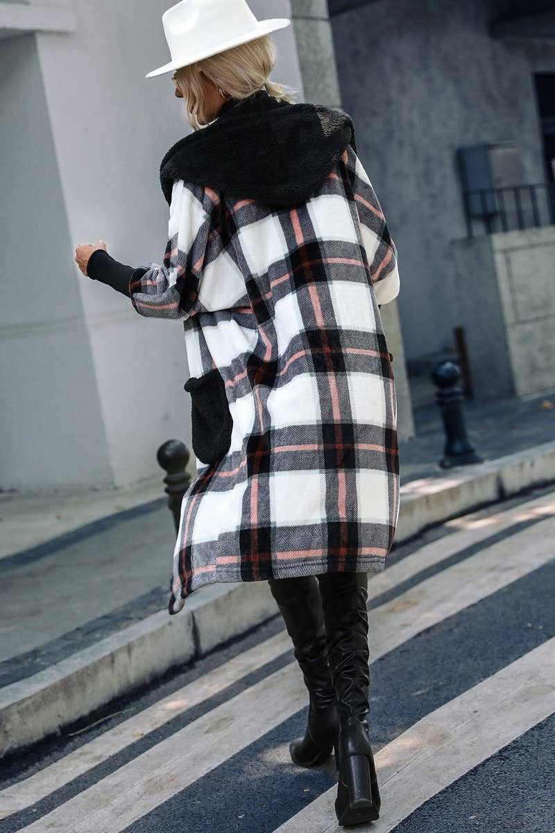 WOMEN STRIPED PLUSH HOODED PLAID COAT_CWOCO0114