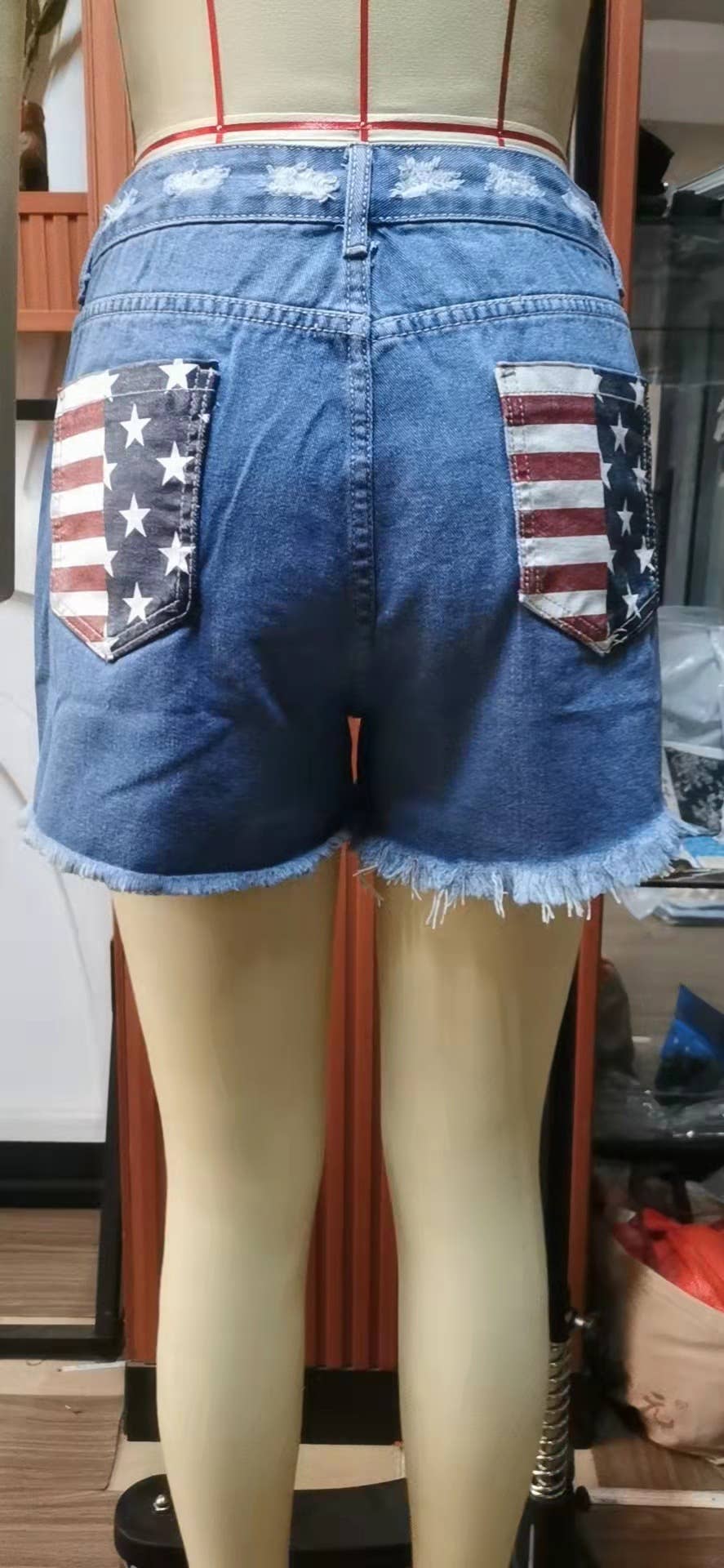 USA Flag Print Distressed Button Fly Denim Shorts