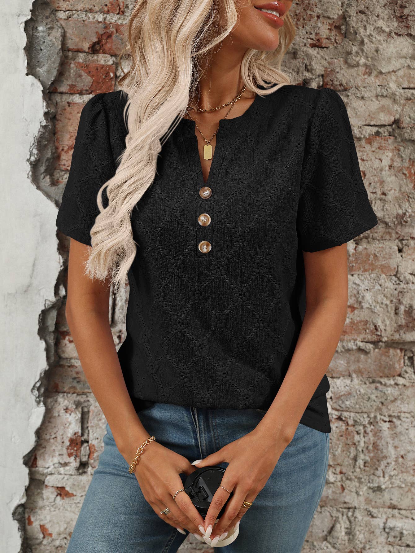 Round-neck short-sleeved floral jacquard T-shirt