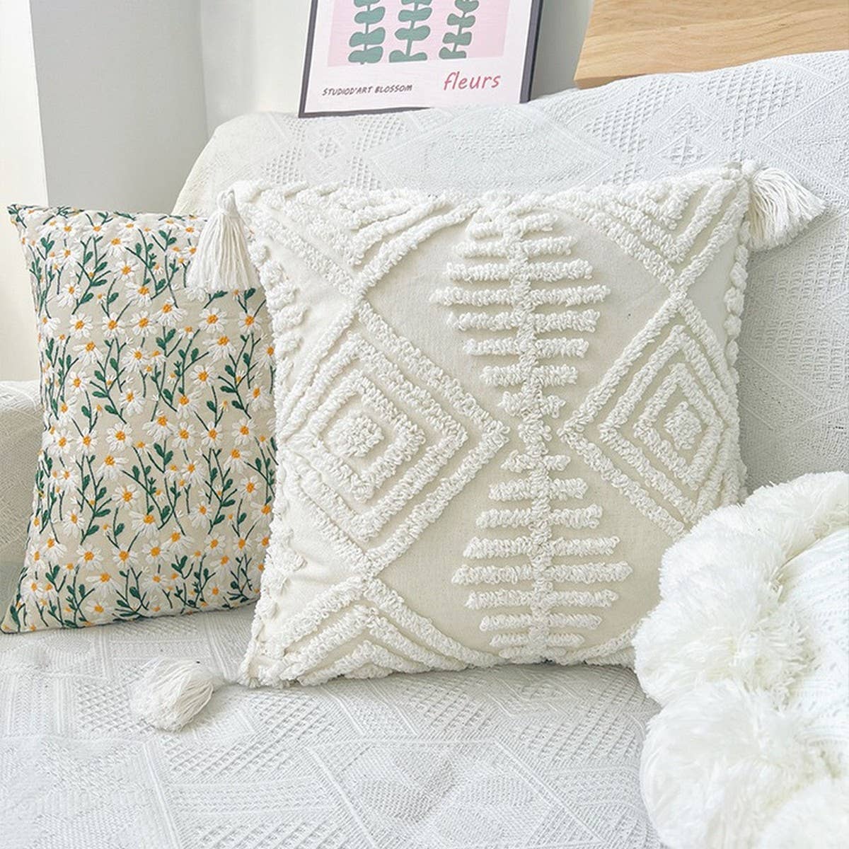 Embroidered Daisy Pillow Cover Removable RusticChic