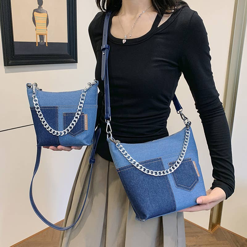 Retro patchwork denim large-capacity bag