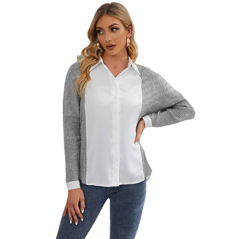 Patchwork Knit Color Contrast Long-Sleeved Shirt