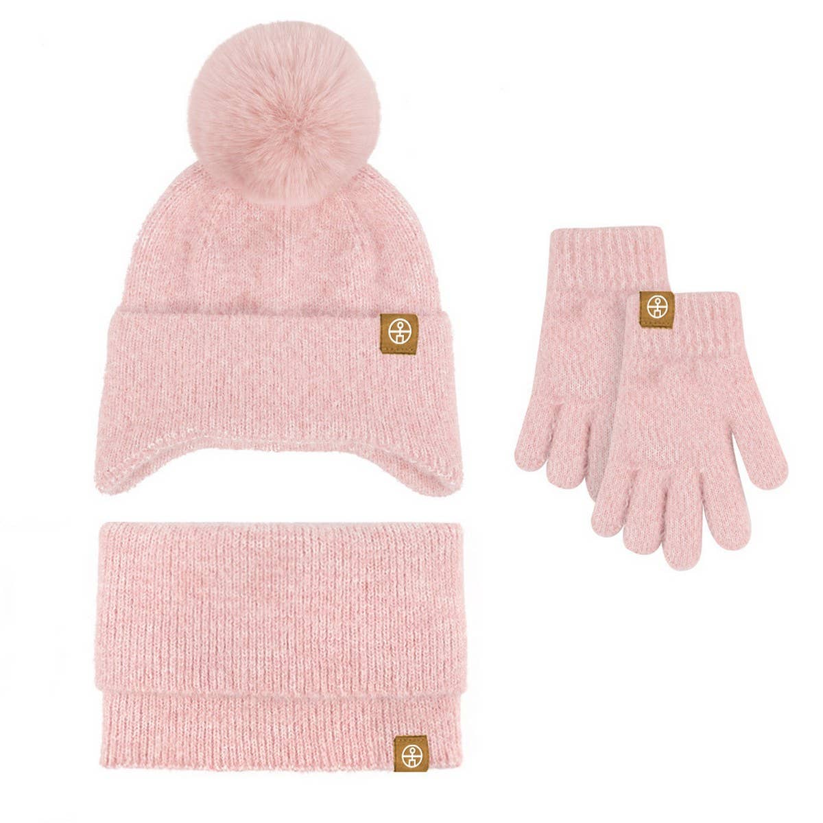 KNITTED POM POM EARMUFF HAT THREE-PIECE SET