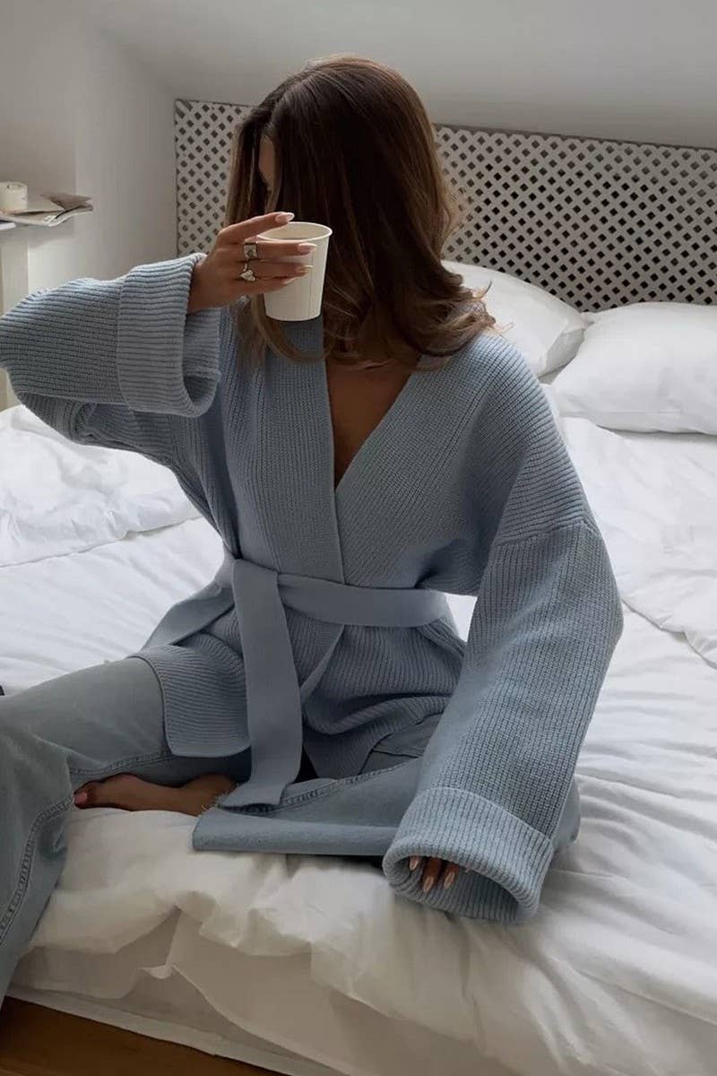 CWOCAL2240_SOLID COLOR LACE-UP LOOSE ROBE KNITTED CARDIGAN