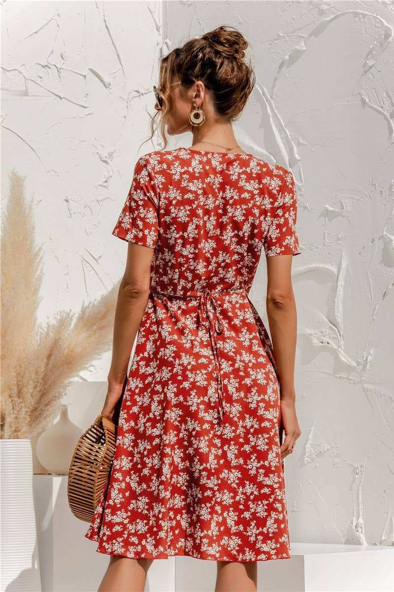 SEXY V NECK LACE UP FLORAL DRESS_CWDSD2629