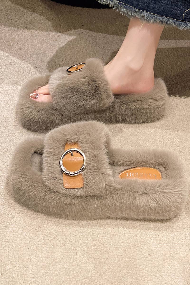 BUCKLE DECOR CRISS CROSS FLUFFY BEDROOM SLIPPERS_CWSHS0224