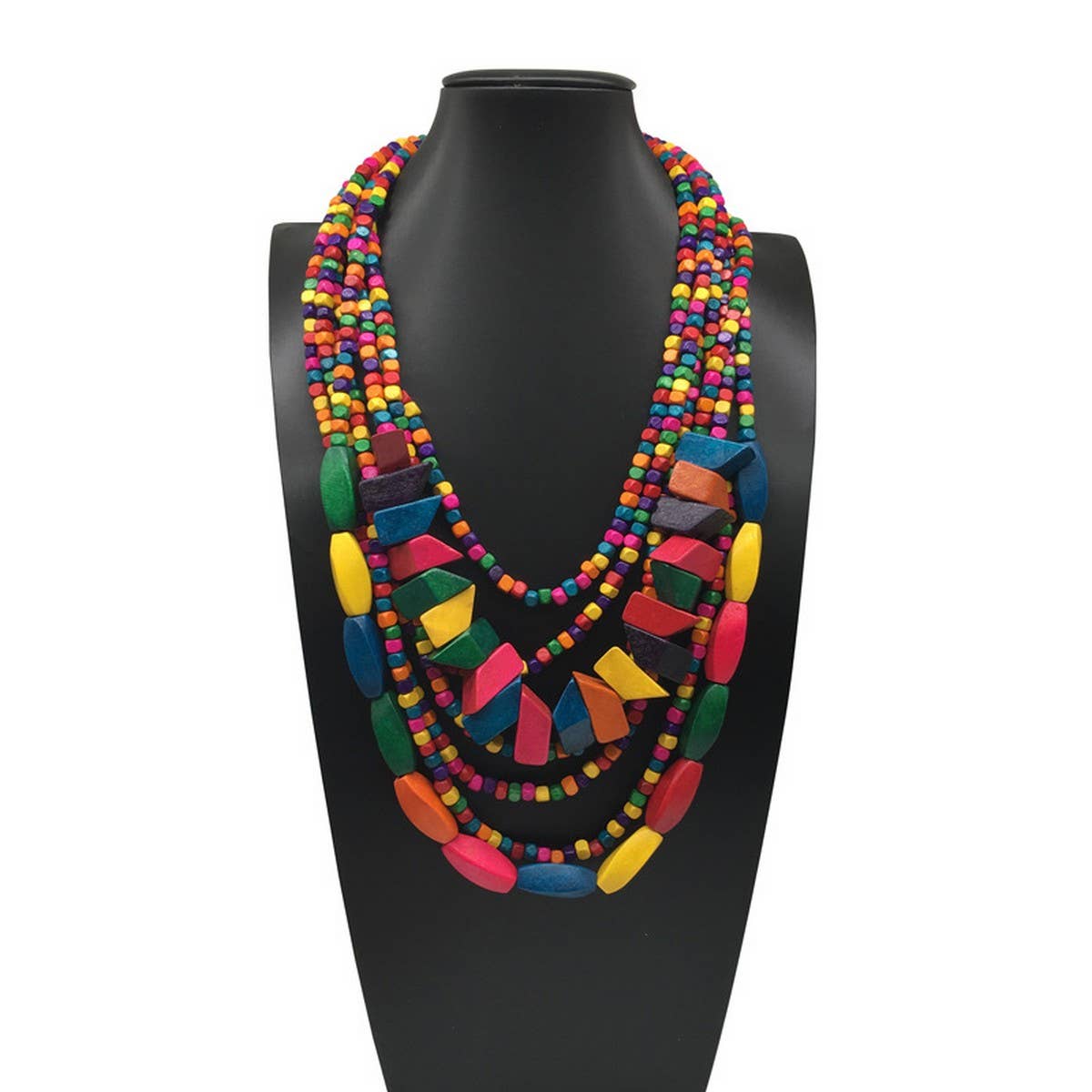 COLORFUL WOODEN MULTI-LAYERED LONG NECKLACE