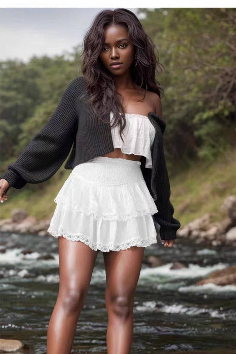 CWBSS0487_HIGH WAIST PLEATED PUFFY LACE MINI SKORT