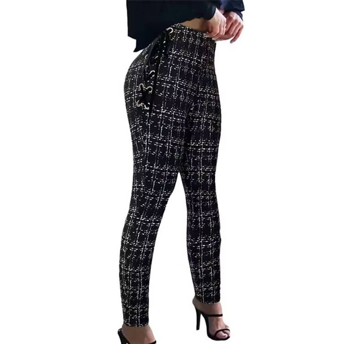 High-waisted side bone drawstring printed pants