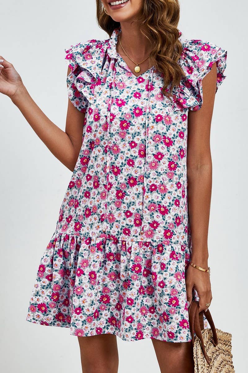 CWDSD7425_RUFFLED SLEEVELESS V-NECK PRINTED LAYERED DRESS