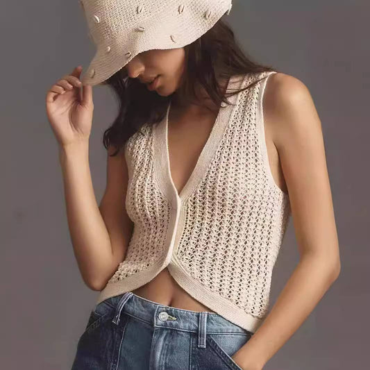 HOLLOW OUT SEXY CROP WOOL KNITTED VEST TOP