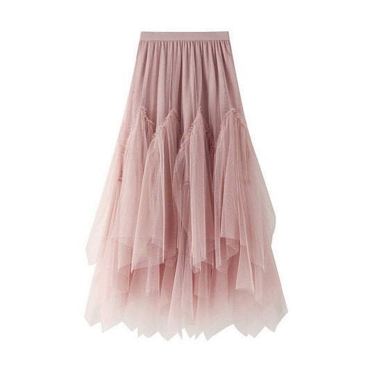 Irregular Pleated Tulle Midi Skirt with Volume