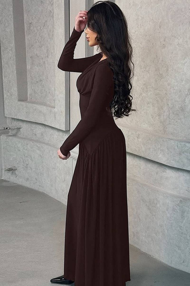 CWDMD01205_V NECK RUCHED WAIST SOLID MAXI DRESS