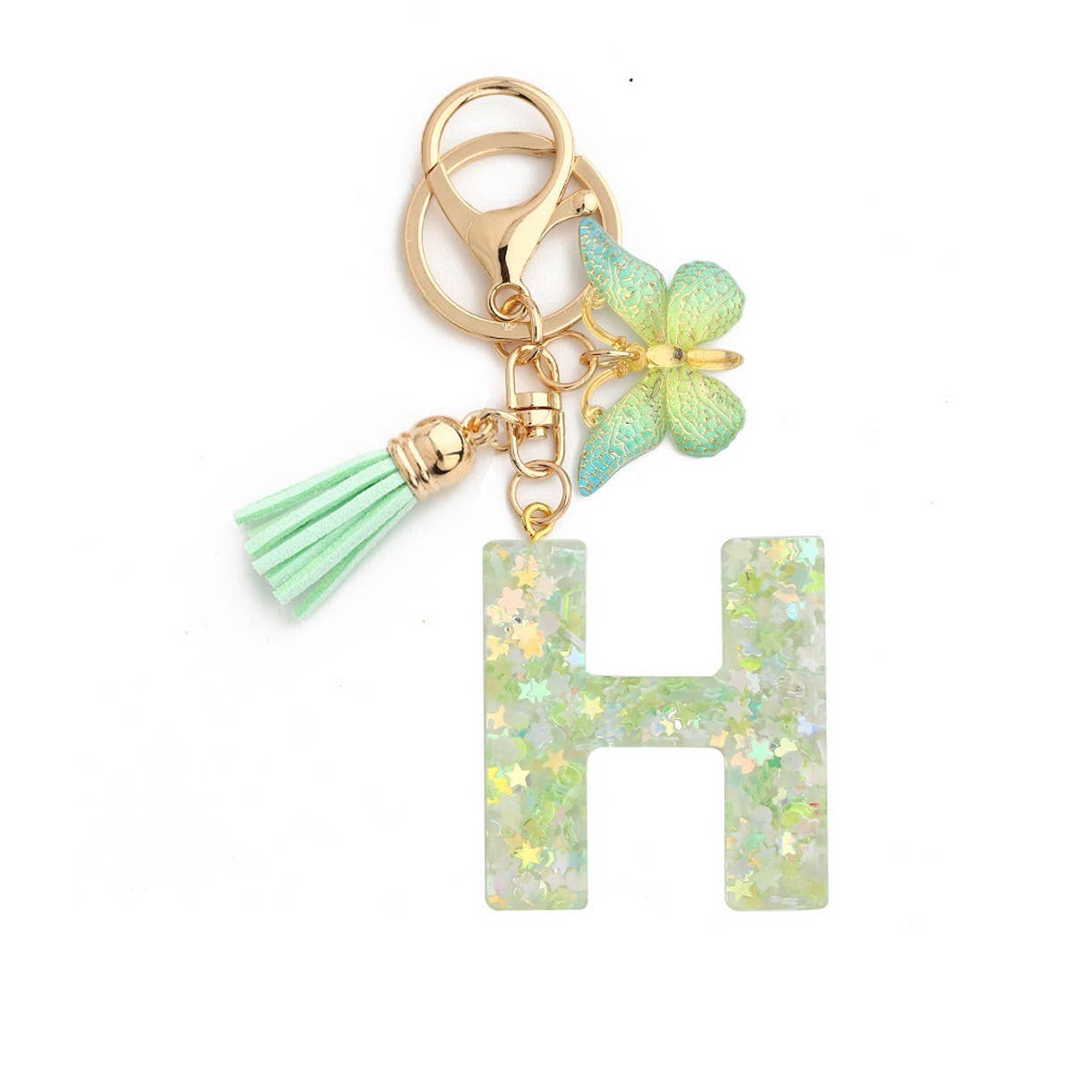Green Butterfly Resin Letter Keychain with Glitter_CWAB5079