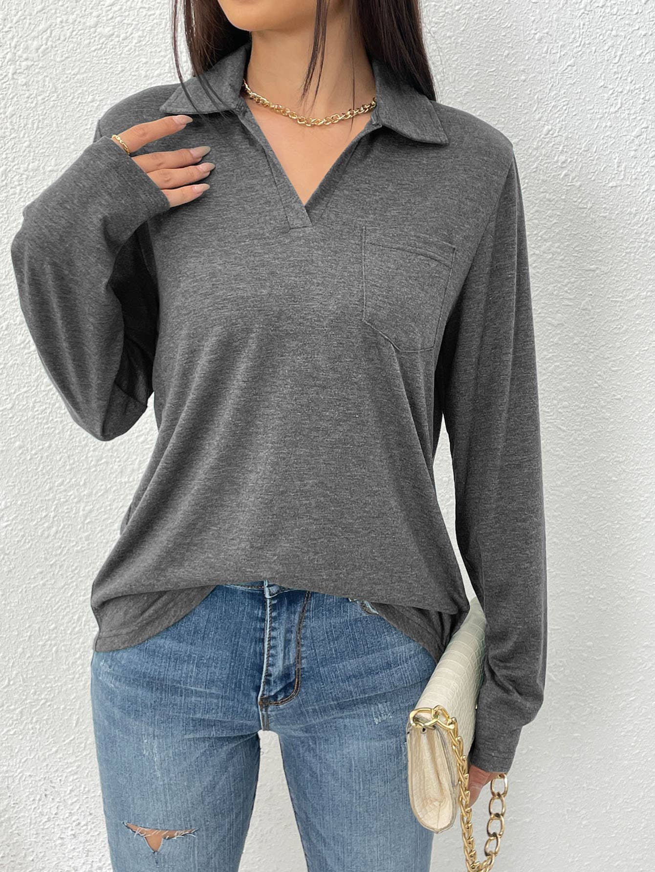SIMPLE SOLID COLOR LAPEL BAGGY POCKET T-SHIRT