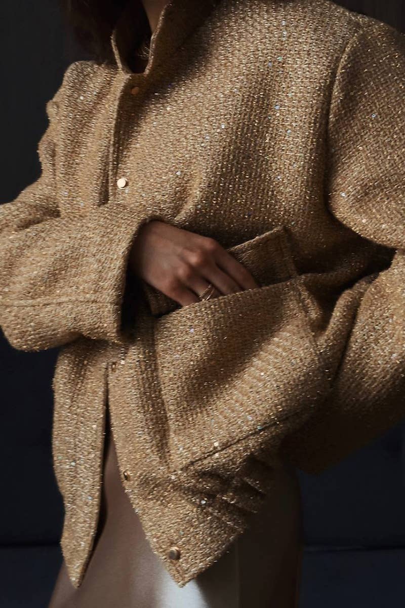 CWOCO0361_FALL FASHION GOLD SEQUIN LONG-SLEEVED JACKET