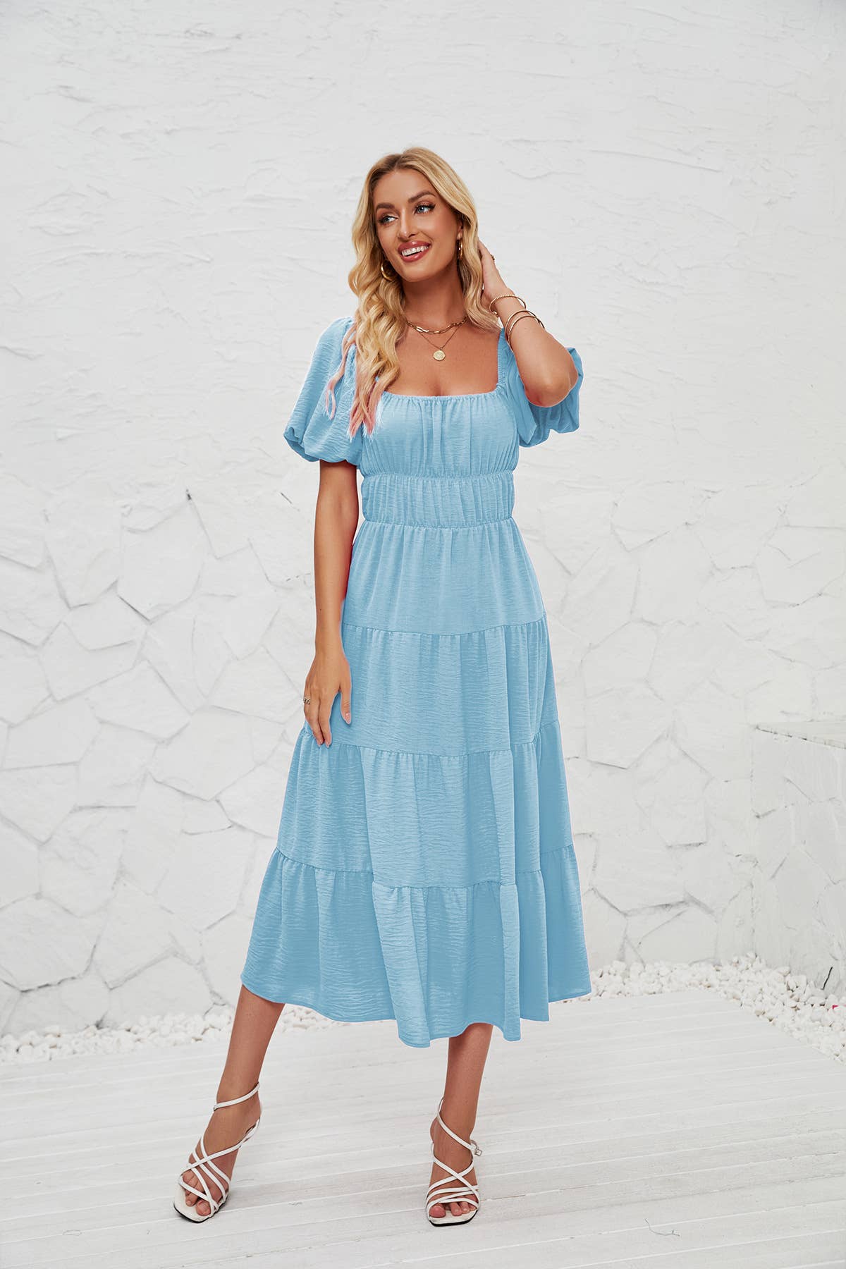 SQUARE-NECK HIGH-WAISTED PLEATED DRESS