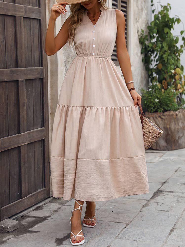 Solid color elegant high waist slim flare dress