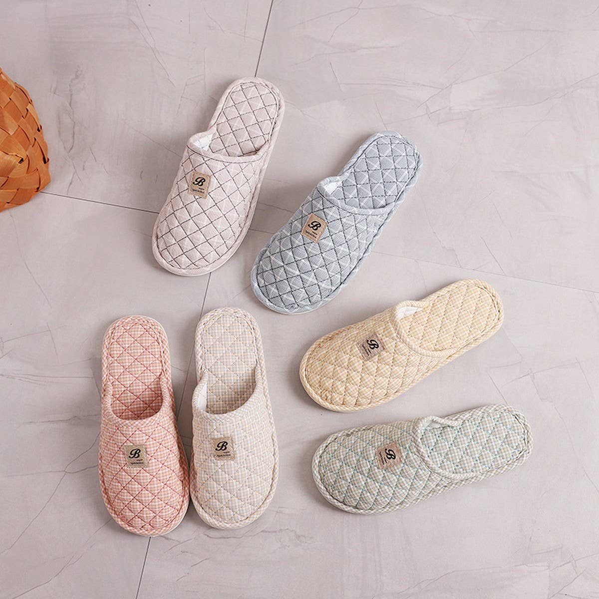 Plaid Cotton Closed-Toe Slippers with Rubber Sole_CWSHF0201