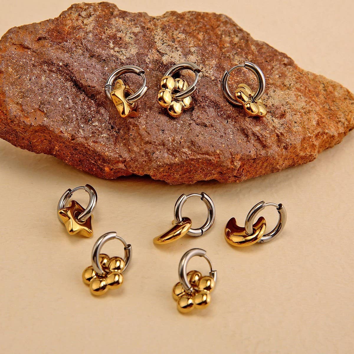 Elegant 18K Steel Star & Moon Hoop Earrings