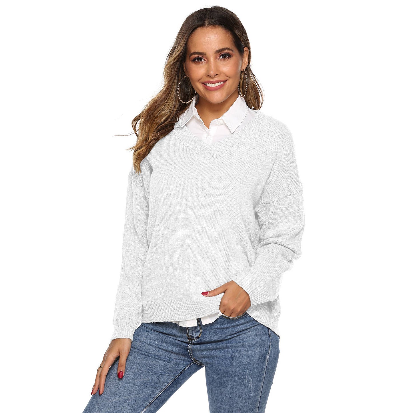 SIMPLE V-NECK PULLOVER SWEATER IN SOLID COLOR