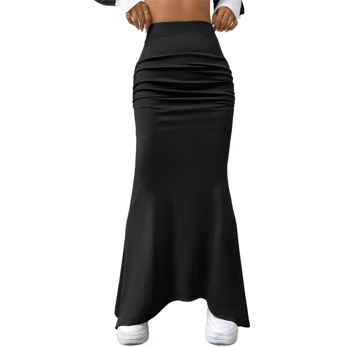 KNIT SOLID COLOR TIGHT FISHTAIL SKIRT LONG SKIRT