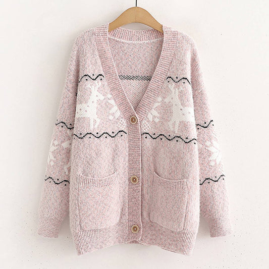 SINGLE BREASTED CHRISTMAS DEER JACQUARD CARDIGAN