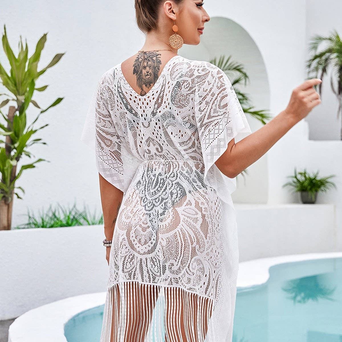 EMBROIDERED FRINGE BEACH SWIMSUIT COVER-UP