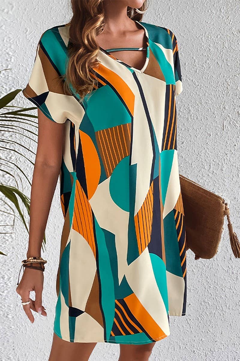 CWDSD7859_COLORBLOCK V-NECK LOOSE A-LINE VACATION DRESS