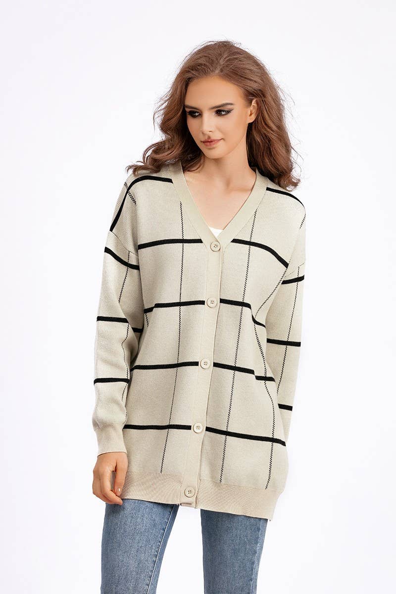 CWOCAL00671_STRIPED PLAID LOOSE KNIT CARDIGAN SWEATER