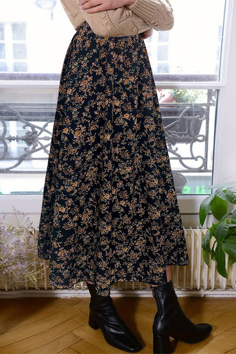 CWBLS0446_LADIES ELEGANT COMMUTER PLEATED FLORAL SKIRT