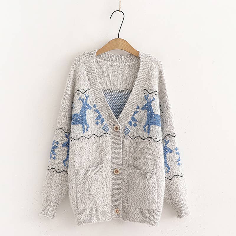 SINGLE BREASTED CHRISTMAS DEER JACQUARD CARDIGAN