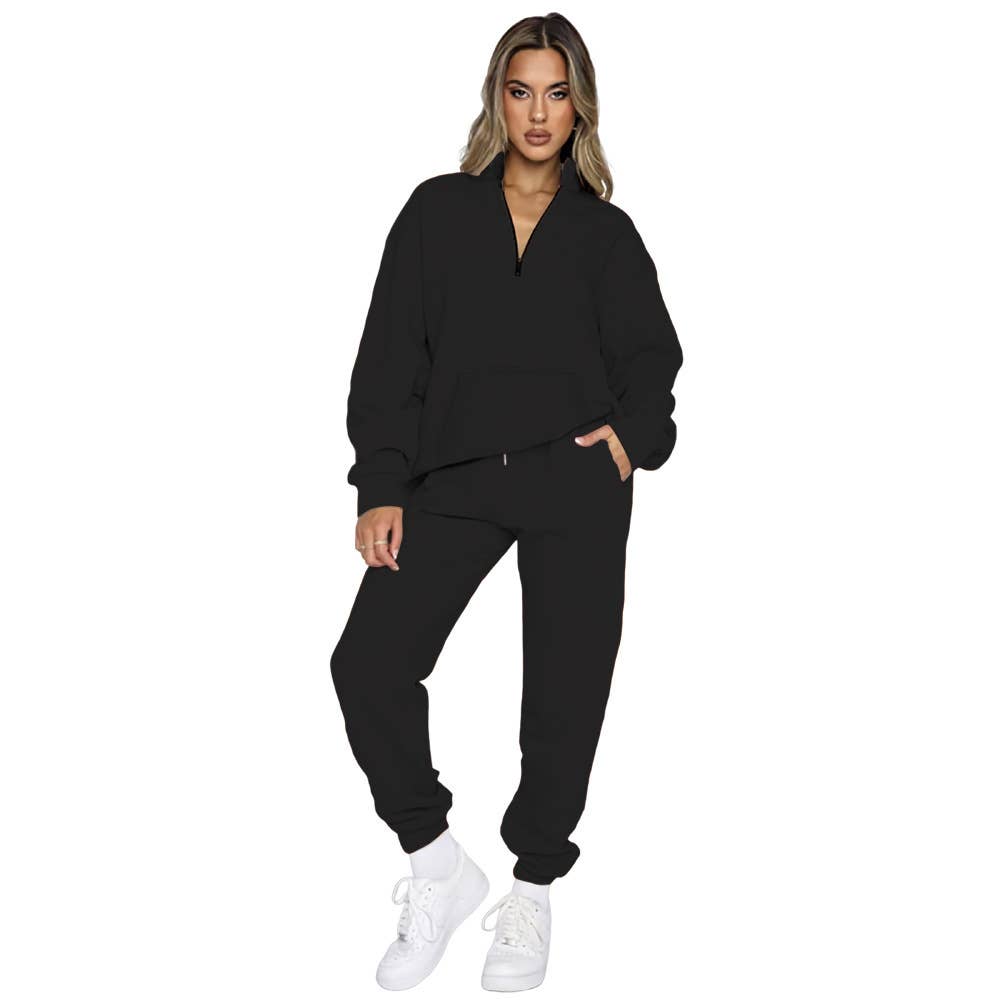 Solid-color zipper sweatshirt and sweatpants set