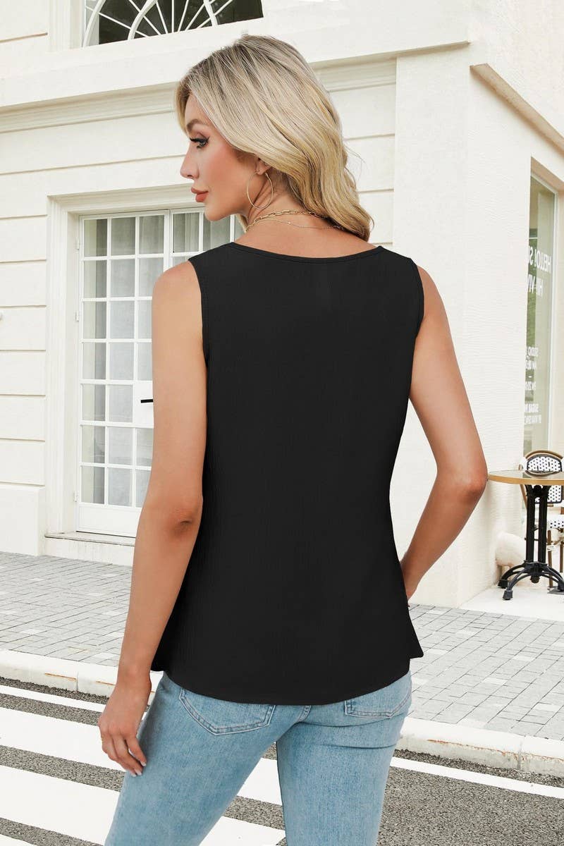 Cwtblsl0968_Solid Pleated V-Neck Chiffon Tank Top