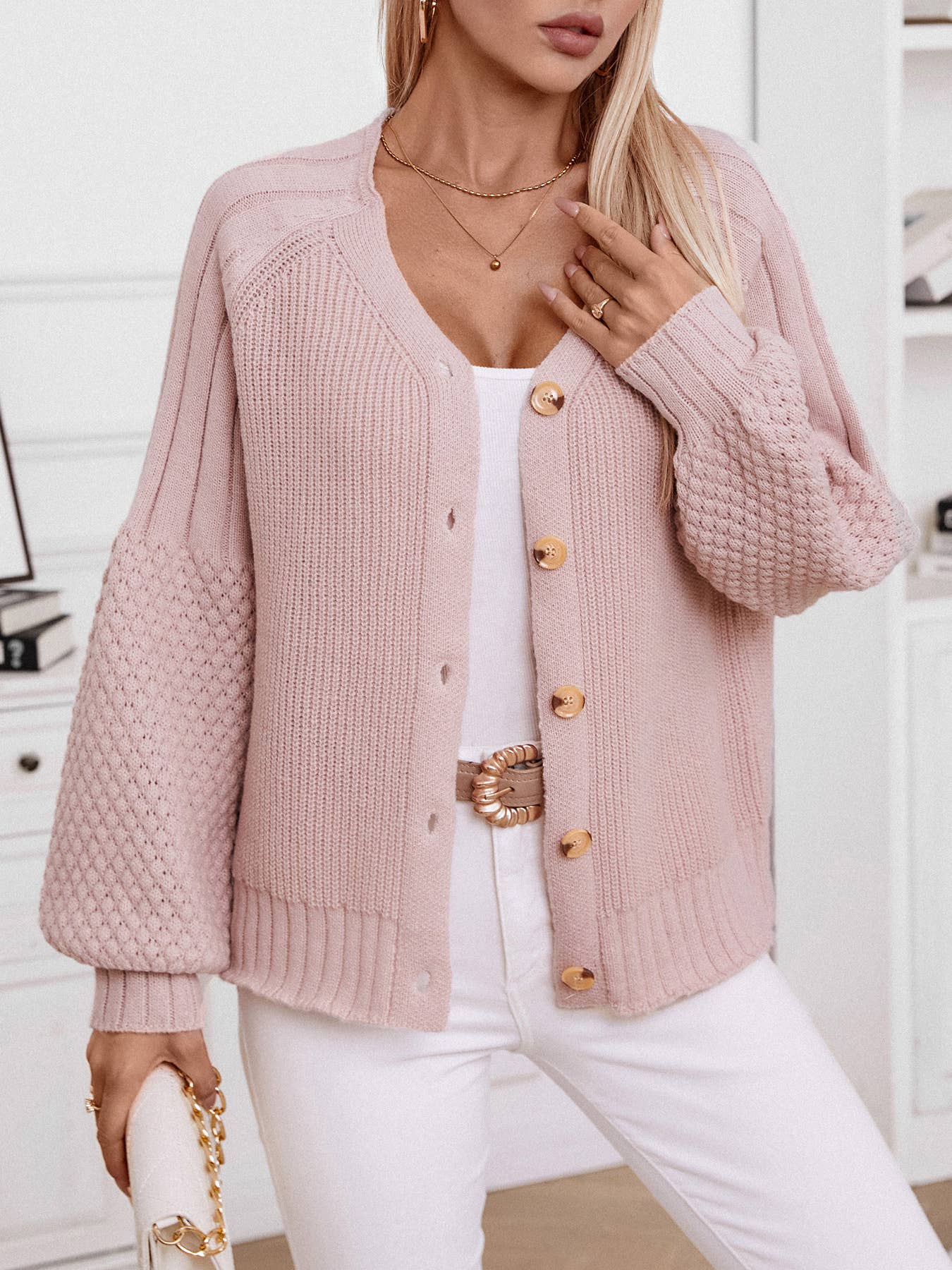 SOLID COLOR BUTTON KNIT LOOSE CARDIGAN COAT