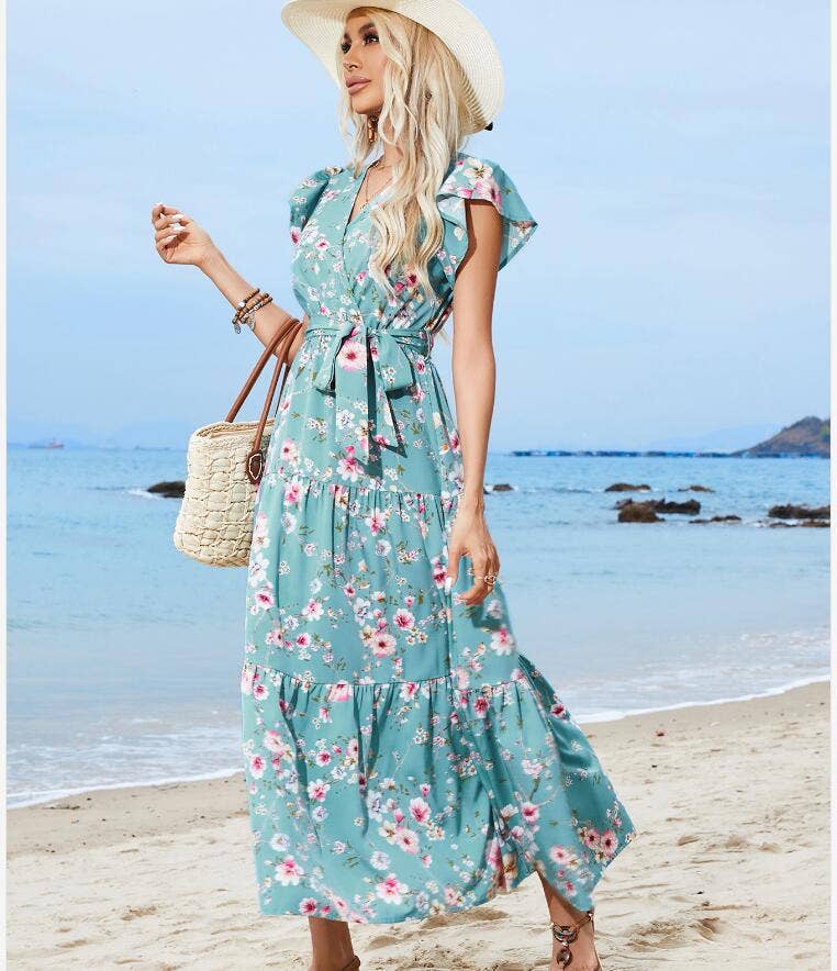 Printed floral strap V-neck short sleeve dress