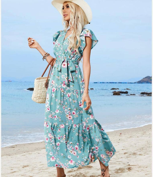 Printed floral strap V-neck short sleeve dress