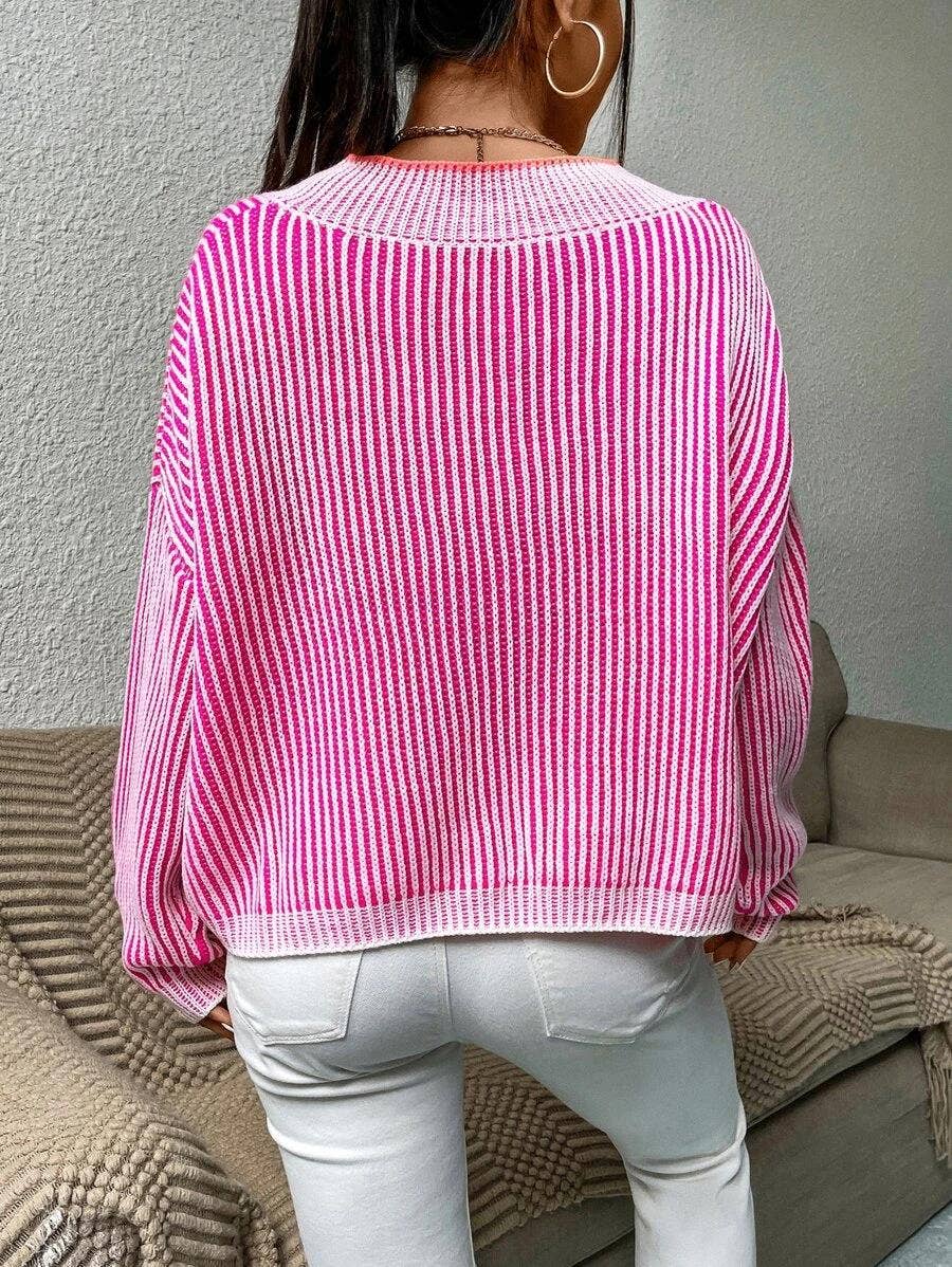 V-neck loose striped batsleeved sweater