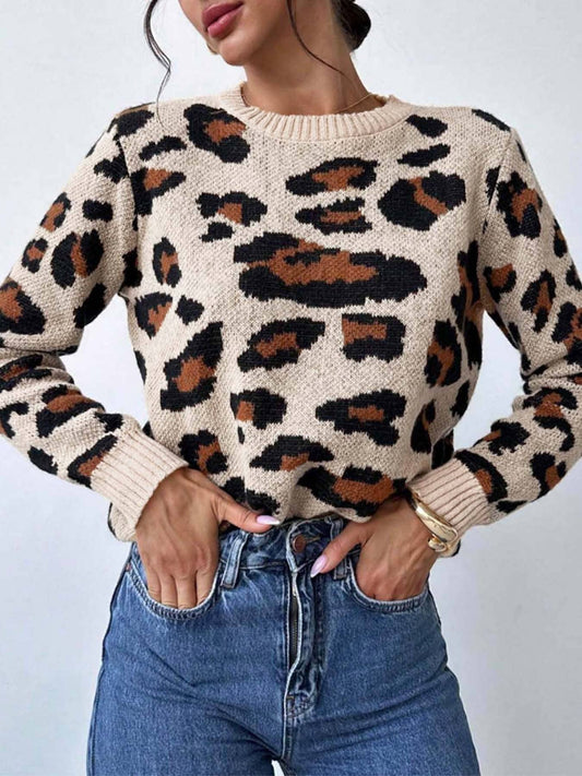Round-neck retro leopard print pullover sweater