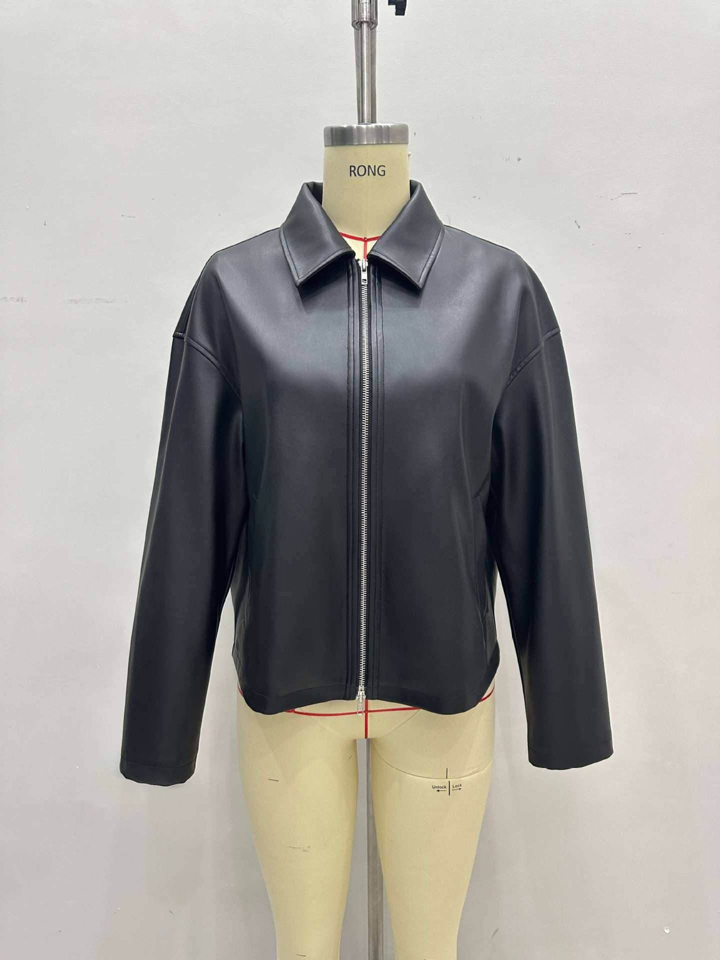 Stylish lapel zipper short leather jacket