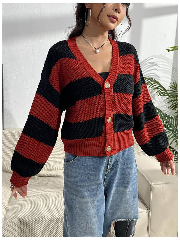 WOMEN SWEATER CONTRAST RED AND BLACK STRIPED COAT