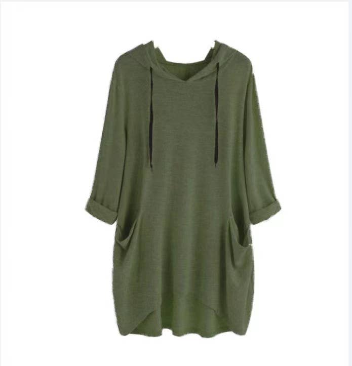 HOODED SOLID COLOR BAGGY IRREGULAR POCKET TOP