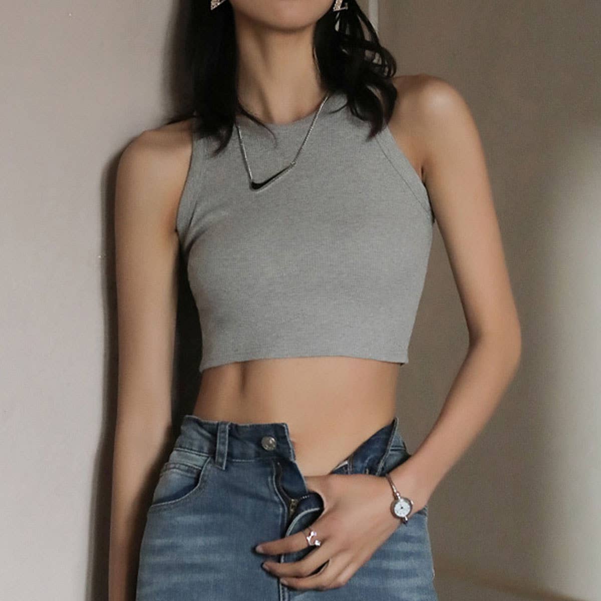 Short Base Ribbed Camisole High Neck Tanks