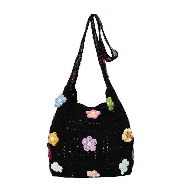 Ethnic-style artistic flower patchwork knit bag