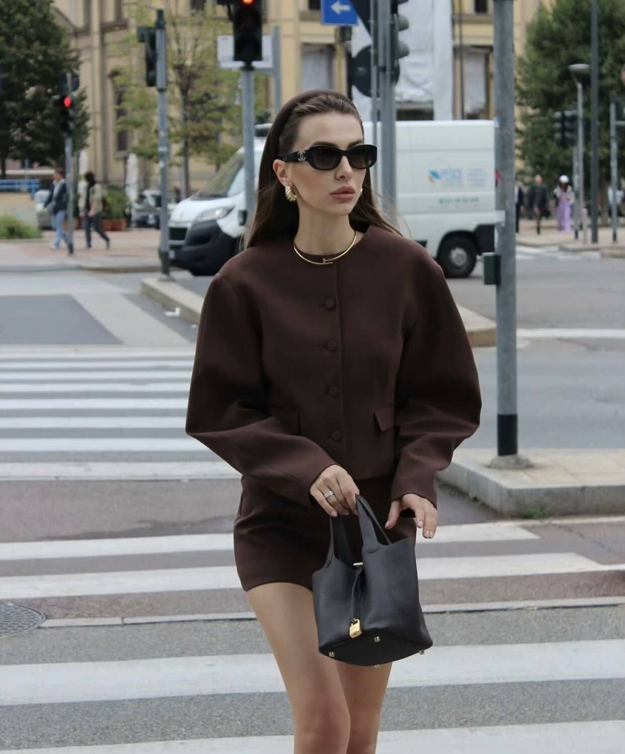 Two-piece set round-neck jacket and mini skirt