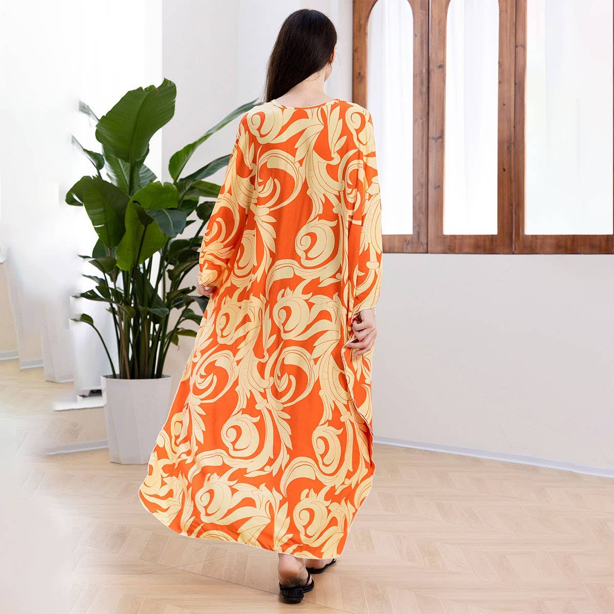 Leaf Print Loose Beach Cover-Up for Vacation