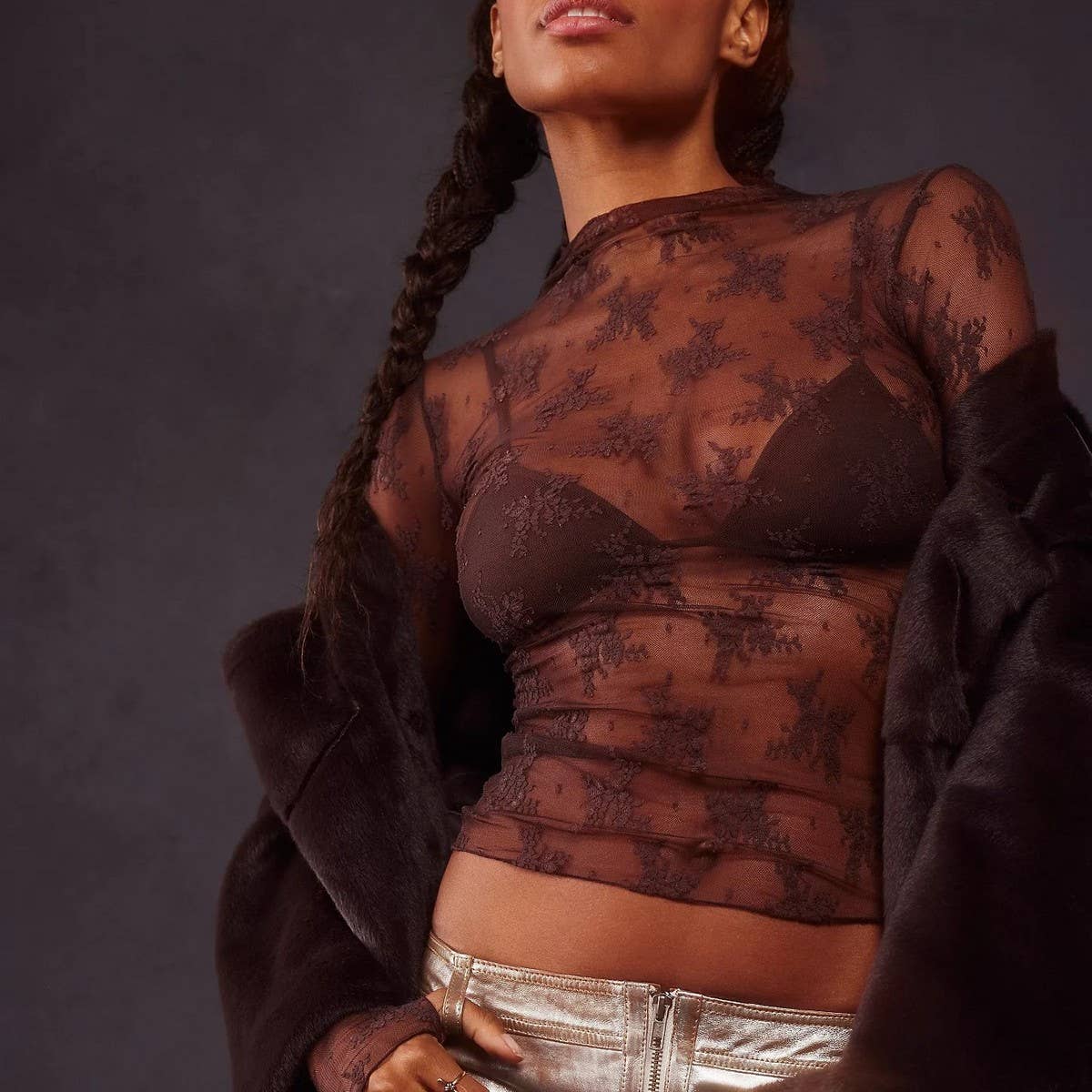 SEMI SHEER MESH LACE TOP BOTTOMING SHIRT